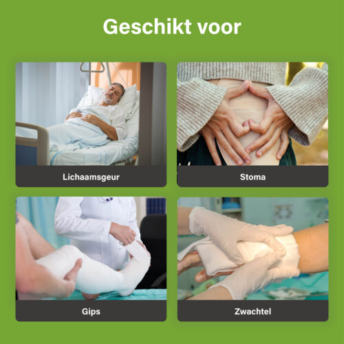 Afbeelding met vier zorgsituaties waarin EcoClinic Ontgeurder geschikt is: lichaamsgeur, stoma, gips en zwachtels.