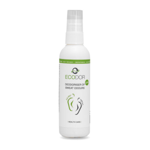 Fles Ecodor EcoFeet 0.1 liter reisformaat, een compacte zweetgeurverwijderaar voor schoenen, kleding en voeten.