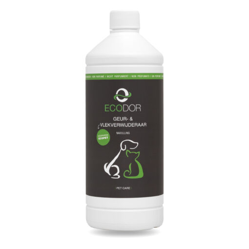 Fles Ecodor Geur en Vlekweg 1 liter, een krachtige geur- en vlekverwijderaar voor huisdieren.