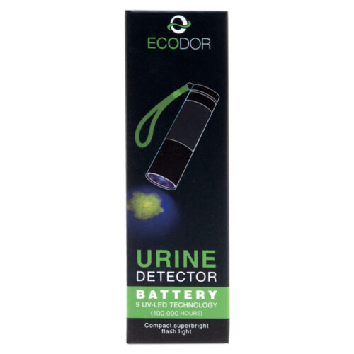 Verpakking van de Ecodor EcoLight UV-LED urinedetector voor het opsporen van onzichtbare urinevlekken van honden, katten en andere huisdieren.