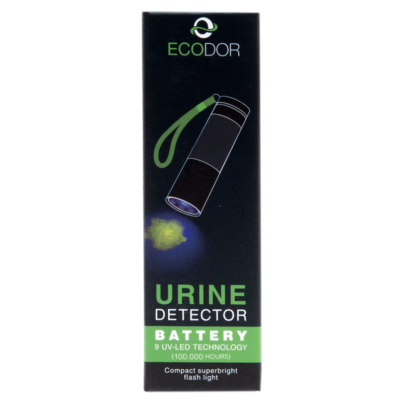 Verpakking van de Ecodor EcoLight UV-LED urinedetector voor het opsporen van onzichtbare urinevlekken van honden, katten en andere huisdieren.