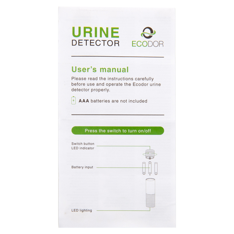 Gebruikershandleiding van de Ecodor EcoLight UV-LED urinedetector met instructies voor gebruik en het plaatsen van AAA-batterijen.
