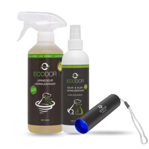 Produktfoto von UF2000 4Pets Uringeruch-Entferner, einem Geruchs- und Fleckenentferner sowie einem UV-Urinfleck-Detektor.