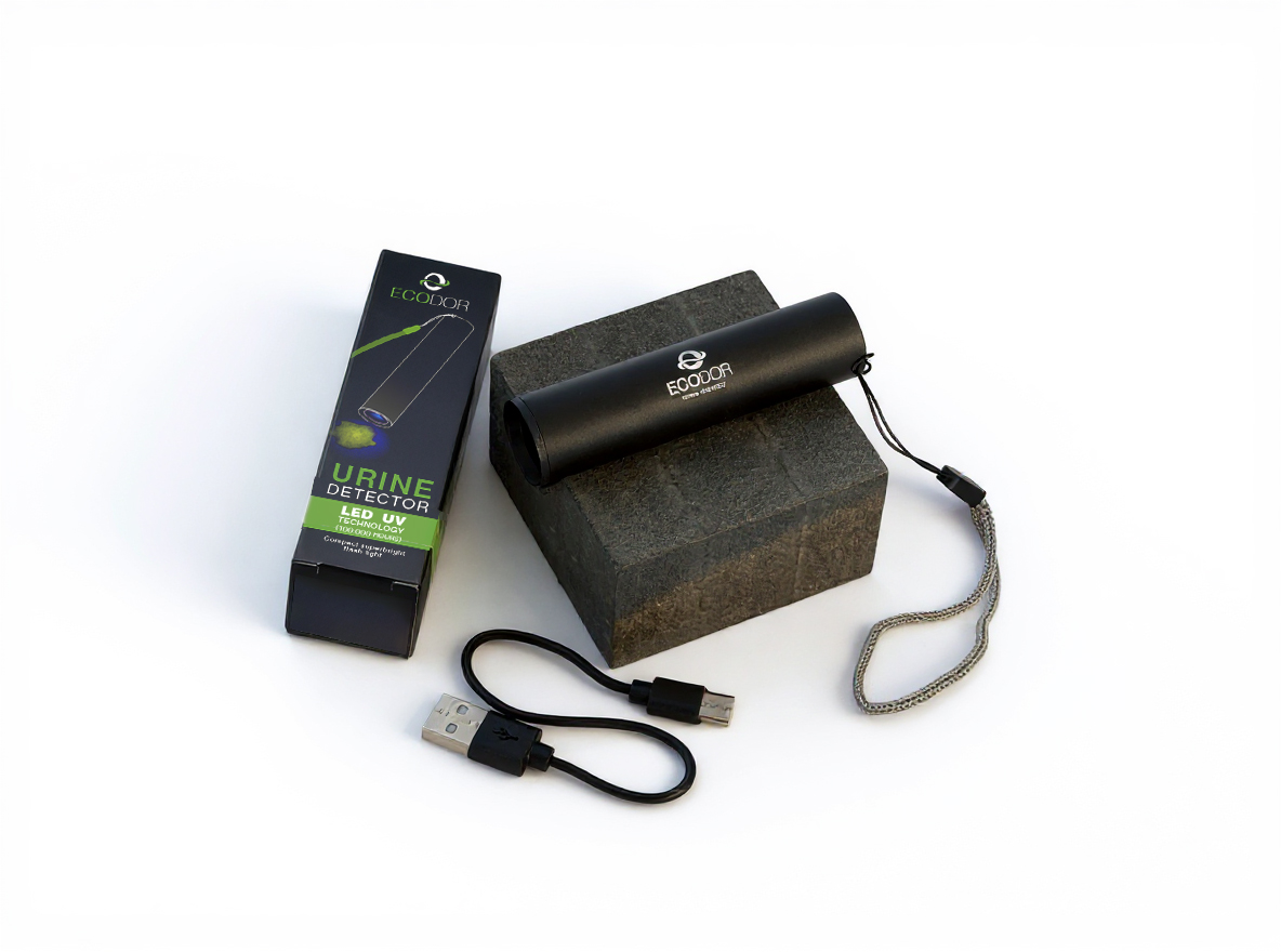 Ecodor EcoLight wiederaufladbarer UV‑Urin‑Detektor auf dem Tisch platziert